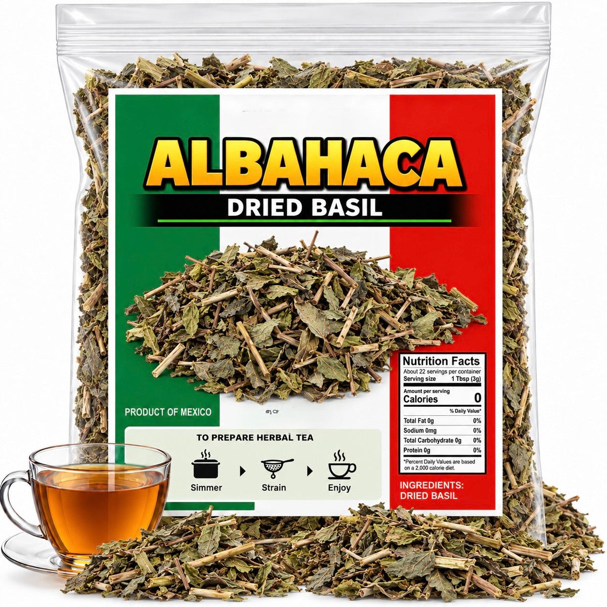 Albahaca Dried Basil -  Albahaca Seca para Té y Condimento (Dried Basil Leaves – 4 oz (113 g) – 100% Natural, Non-GMO, Vegan – Loose Leaf for Tea & Seasoning – IMPORTED FROM MEXICO