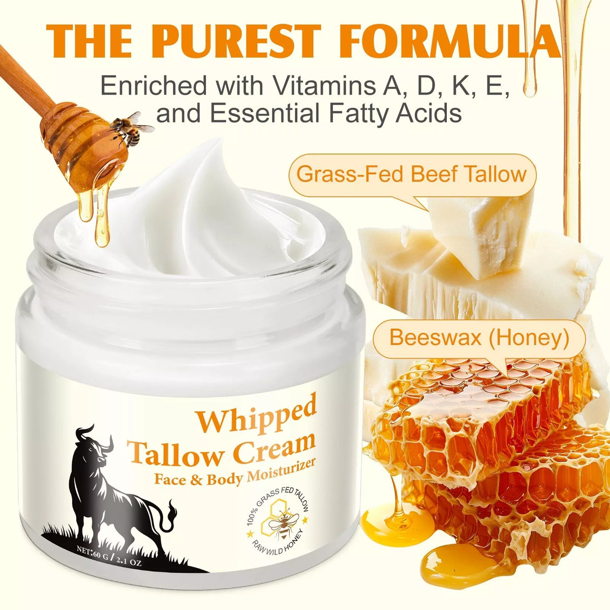 Beef Tallow for Skin -Organic Grass-Fed Whipped Beef Tallow and Honey Balm - De